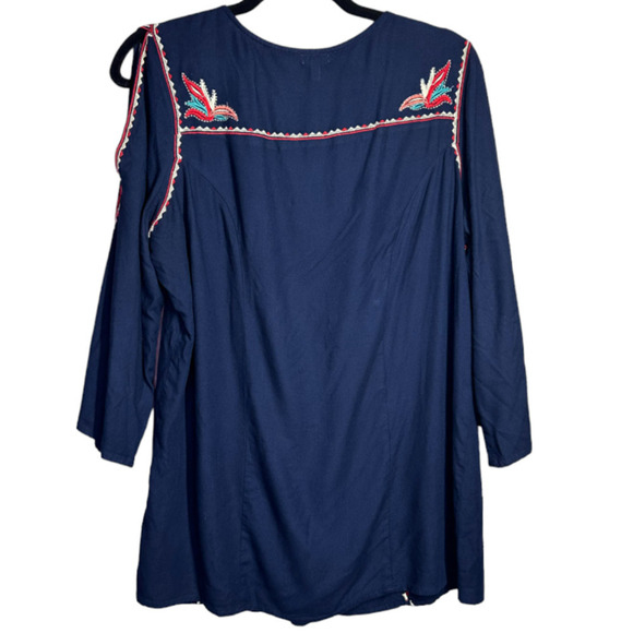 Reba Slit Sleeve Embroidered Navy India Tie Front Bohemian Hippie Tunic Size L - Picture 2 of 9